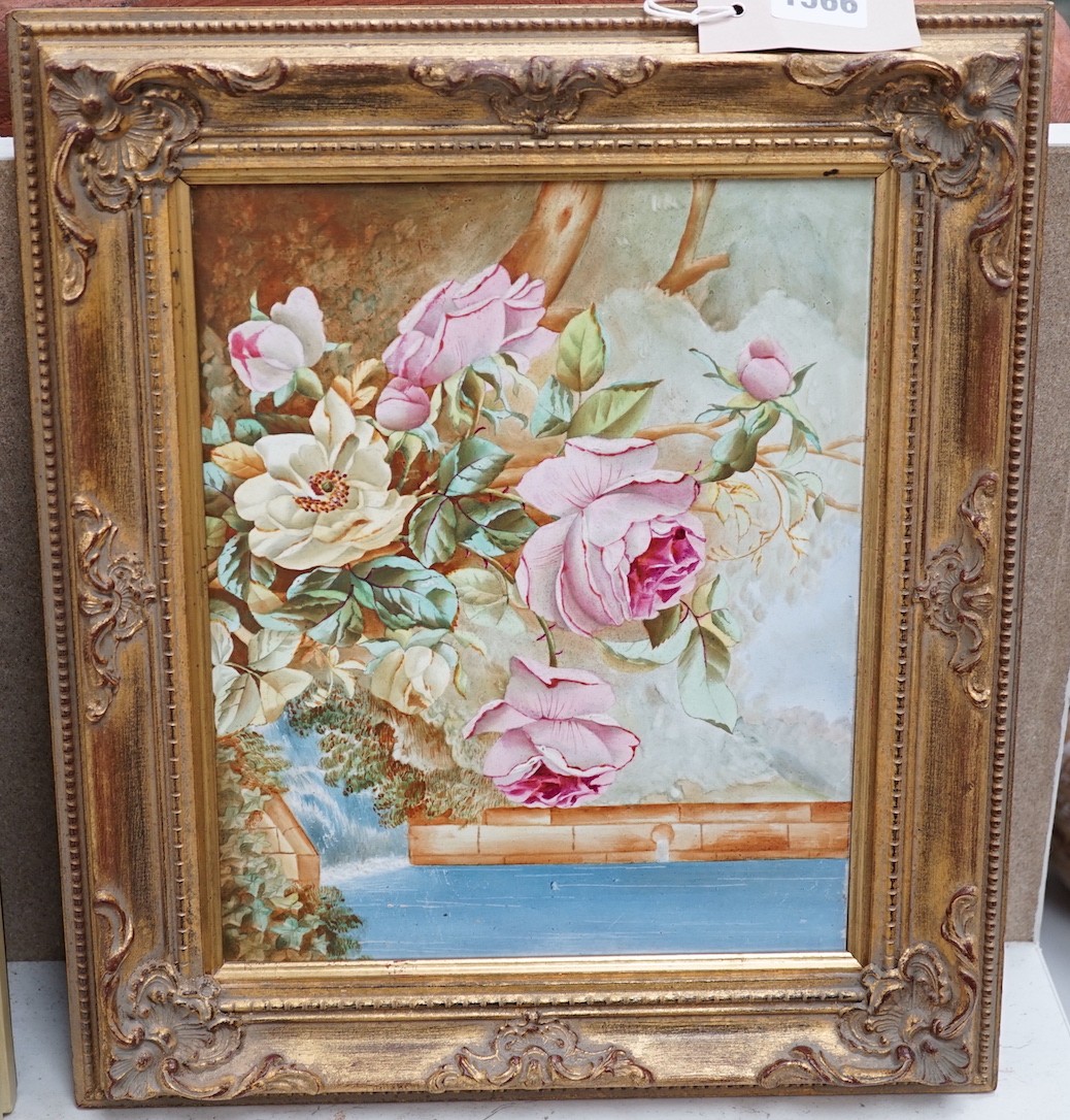 A framed still life plaque, 23cms wide x 28cms high